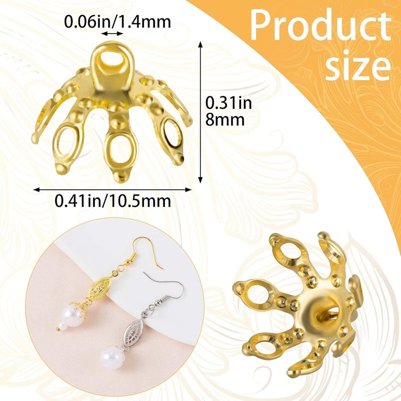 ANCIRS 100 Pack Flower Bead Caps Toppers for Jewelry Findings, 7 Prong Bell Bead Cap Bail End with Loops for DIY Craft Earrings Bracelets Necklaces Ornament Pendant- Gold & Silver - Image 4